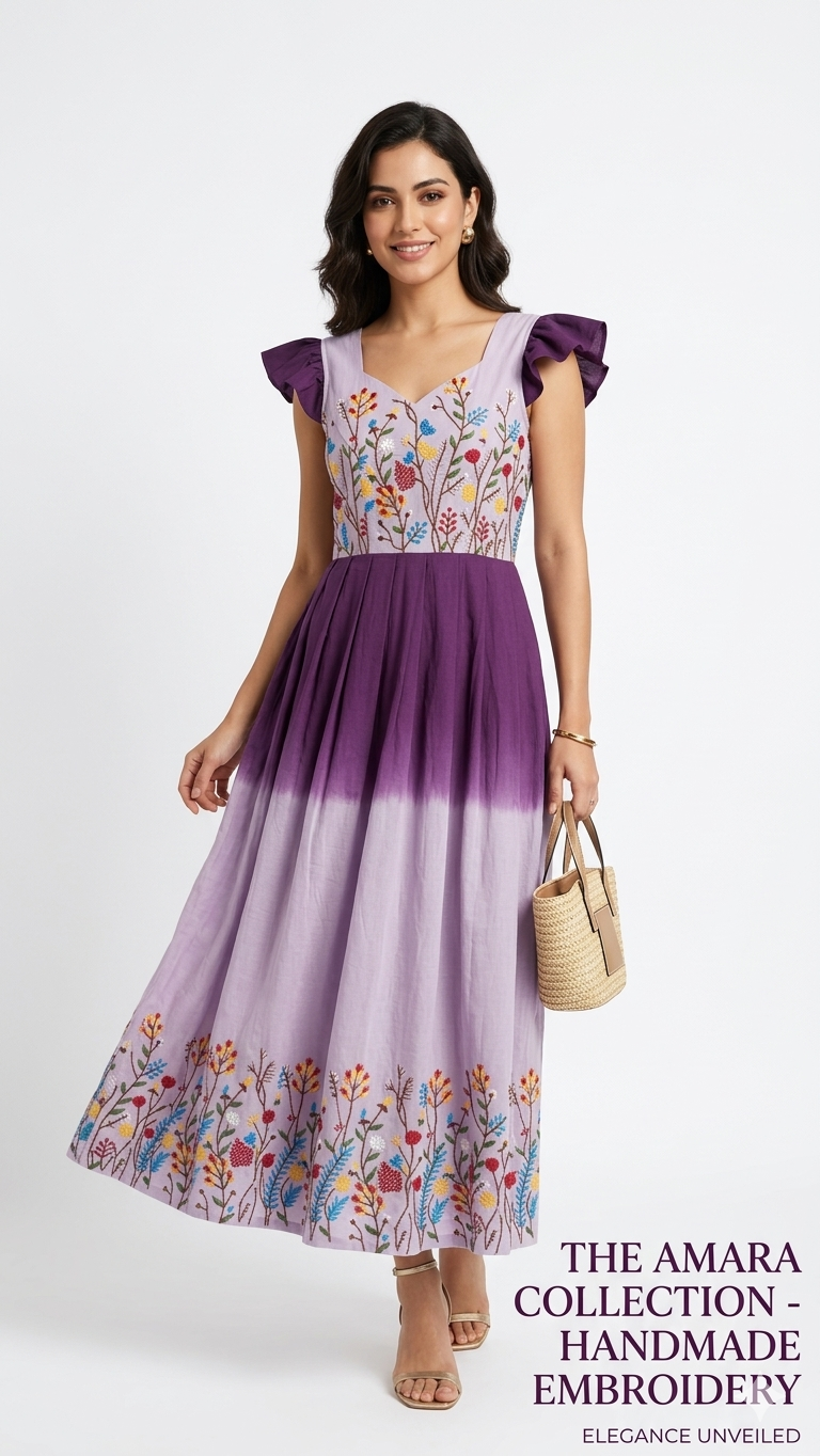 Green V-Neck Embroidered Pleated Maxi Dress