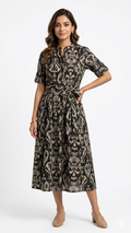 Maroon Tie Sleeve Printed Gathered Maxi Dress
