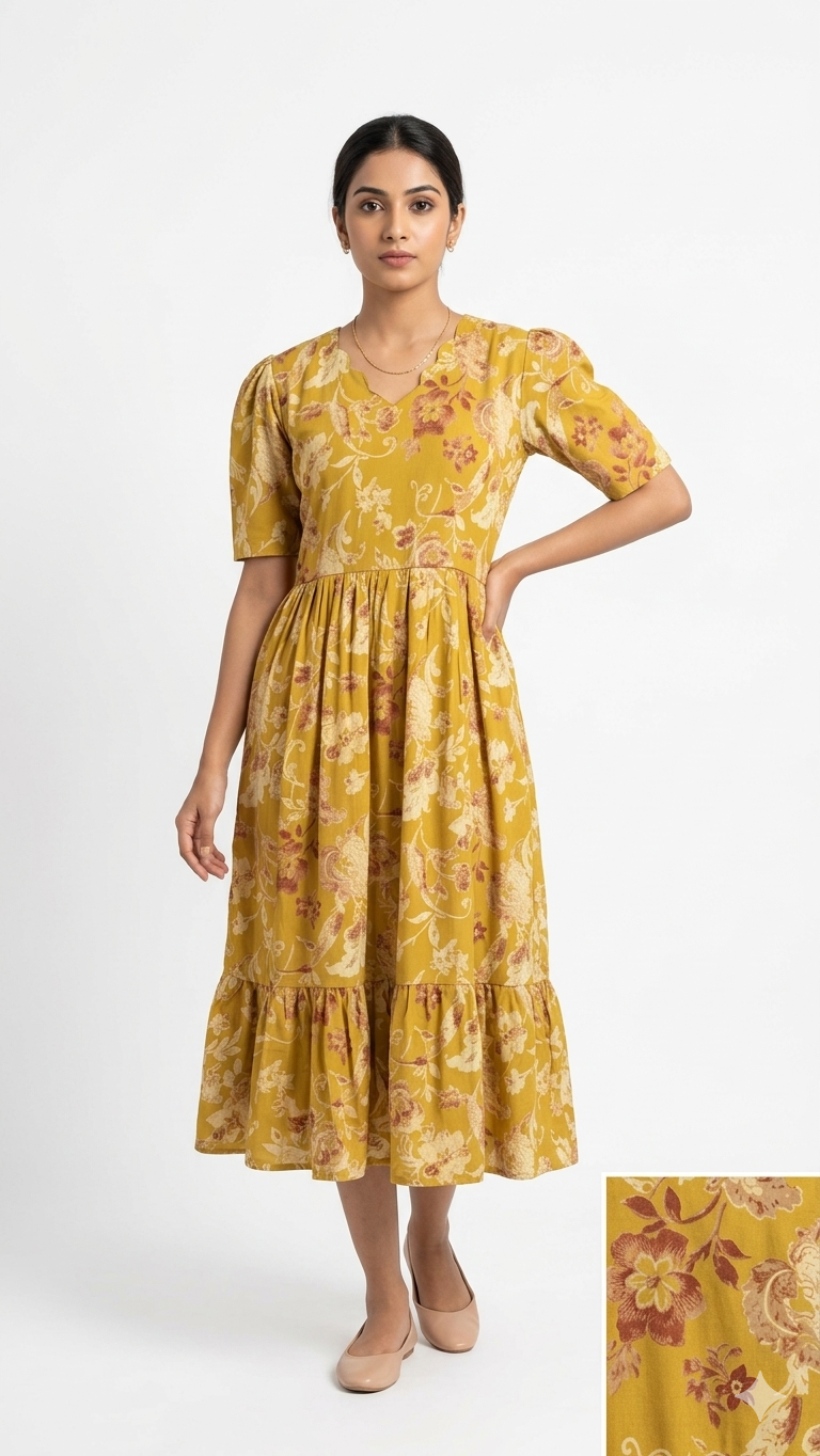 Off-White Blue Floral Puff Sleeve Ruffle Maxi Dress