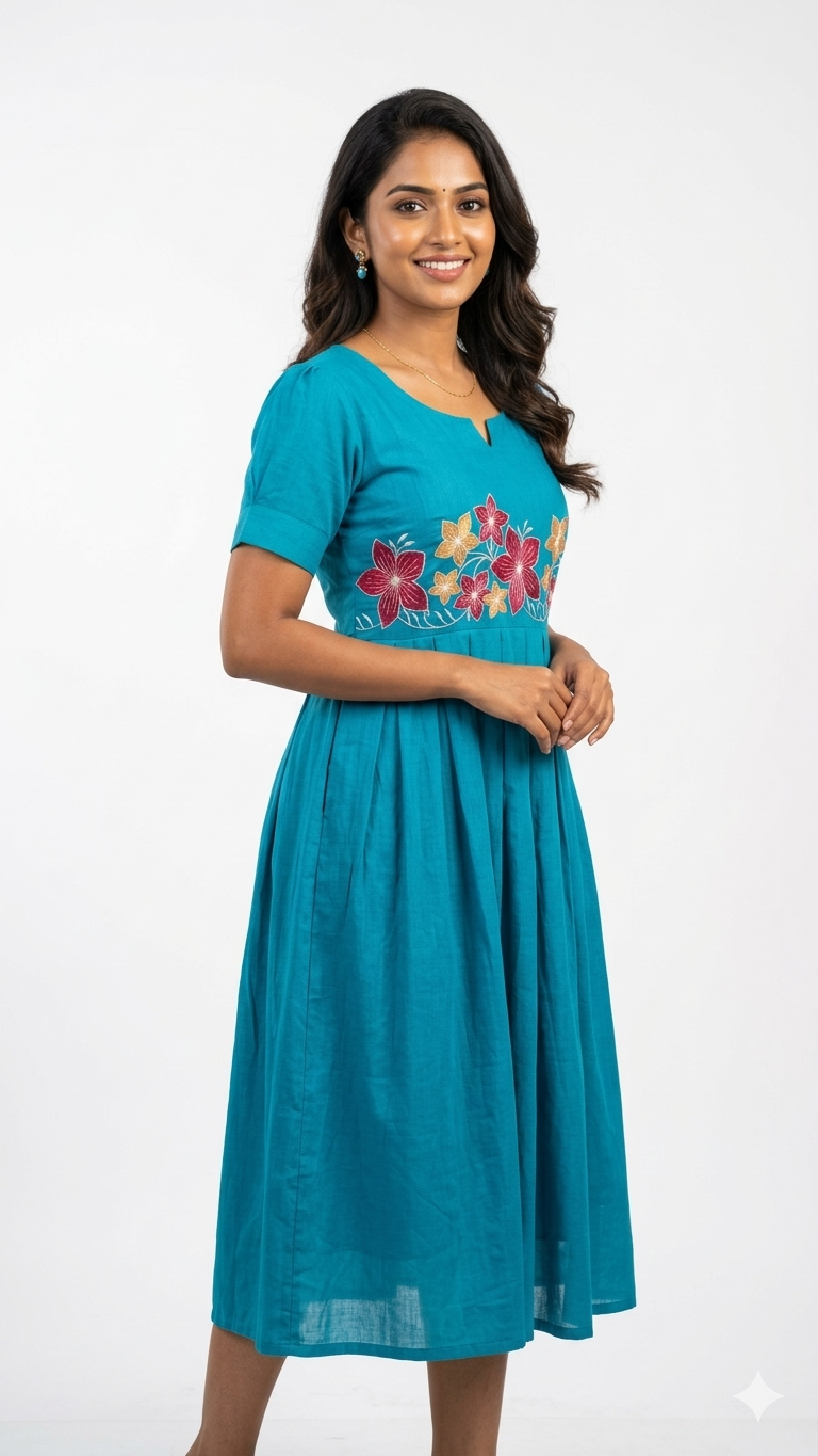 Peacock Blue Embroidered Fit-and-Flare
