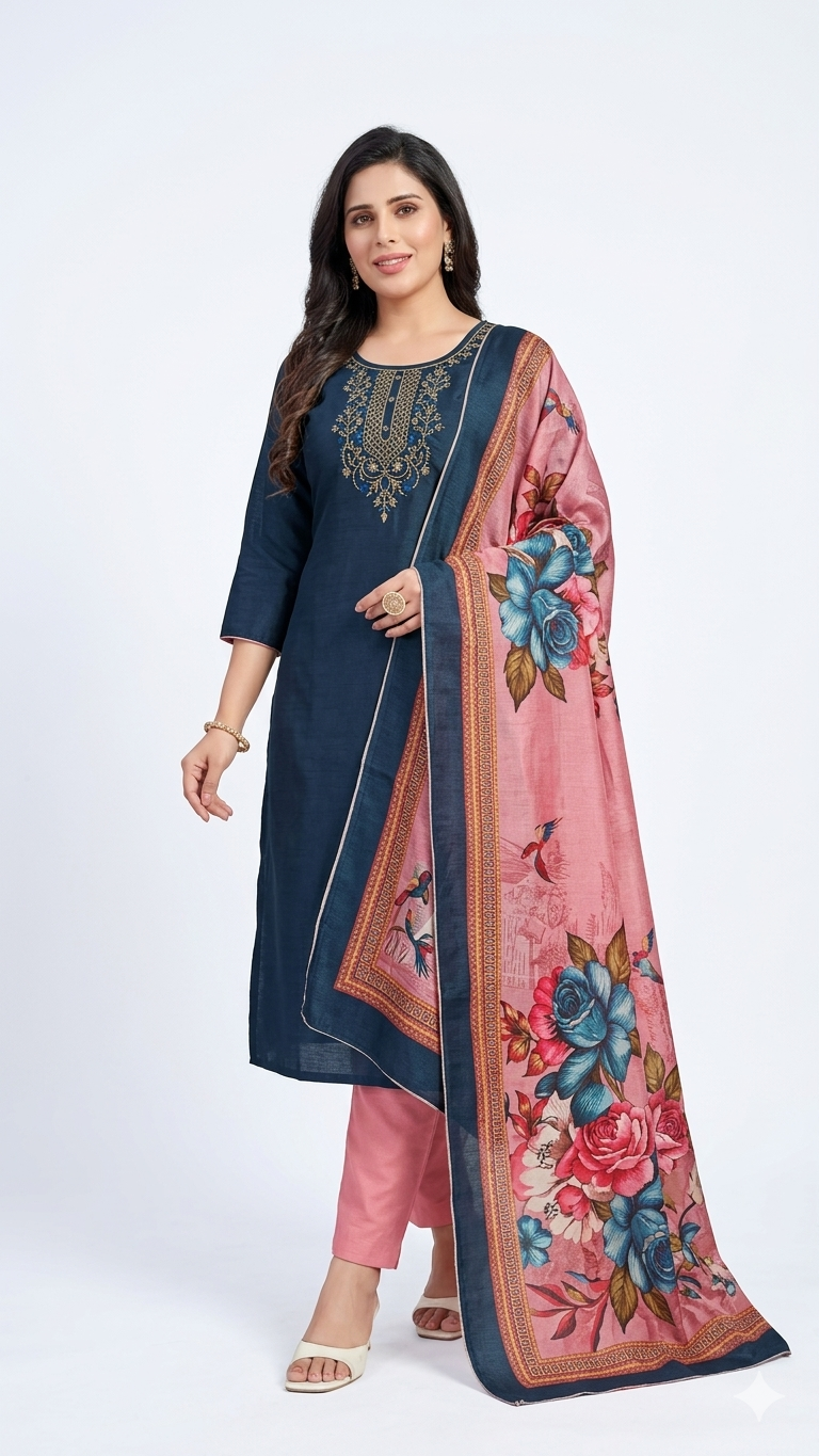 Navy Floral Elegance Kurta Set