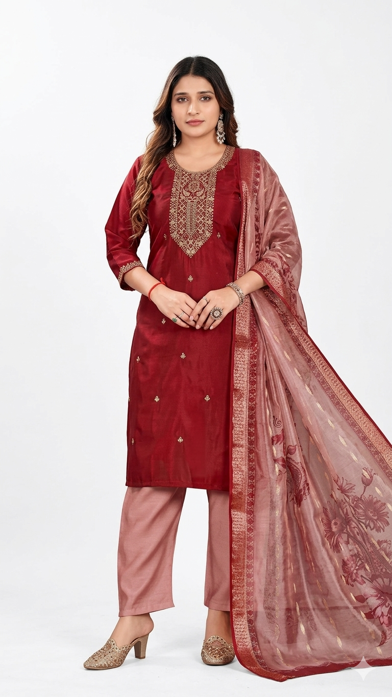 Royal Red Embroidered Kurta Pant Dupatta Set