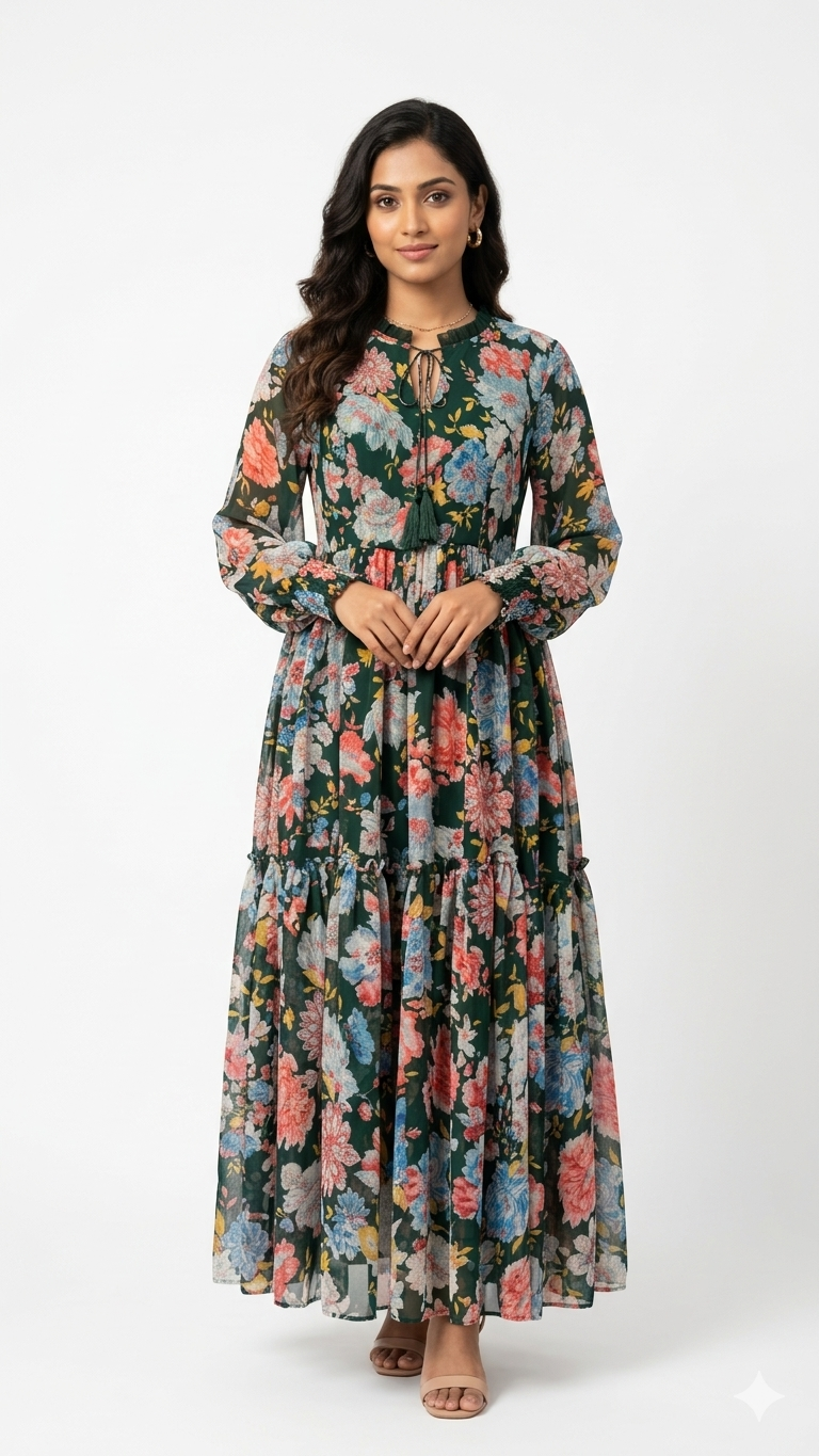 Dark Green Floral Tiered Maxi