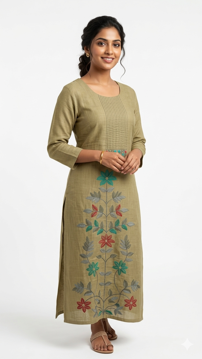 Olive Green Embroidered Kurta