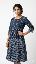 Indigo Ikat-Print Tiered Dress