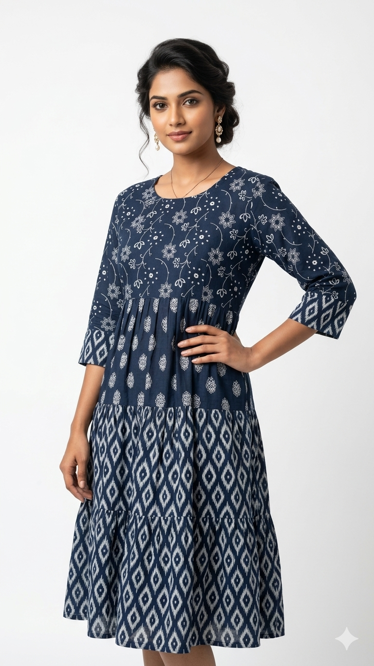 Indigo Ikat-Print Tiered Dress