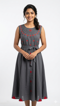Charcoal Grey Embroidered Midi Dress