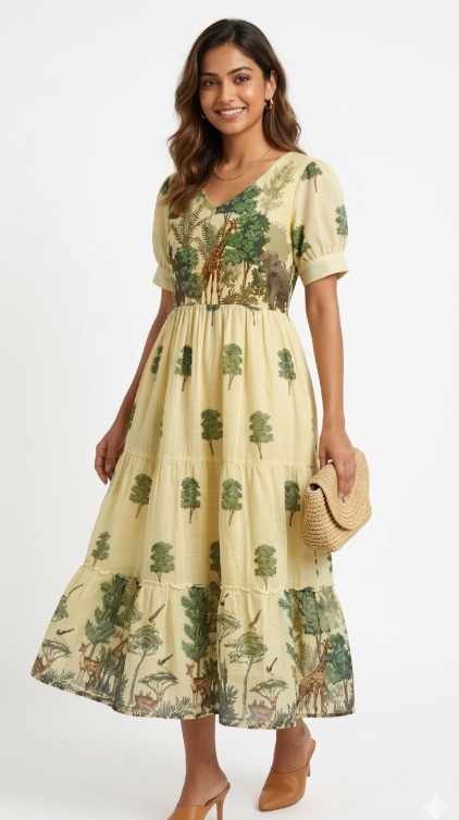 Rust Pleated Sleeve Embroidered Maxi Dress